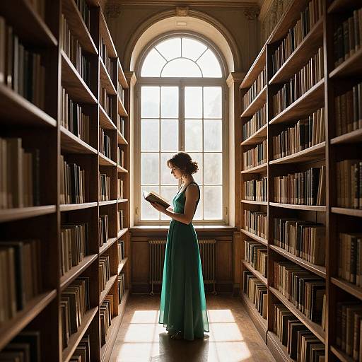 Photograph of a woman in a teal, sleeveless dress, standing in a sunlit library aisle, reading a book, surrounded by tall wooden book