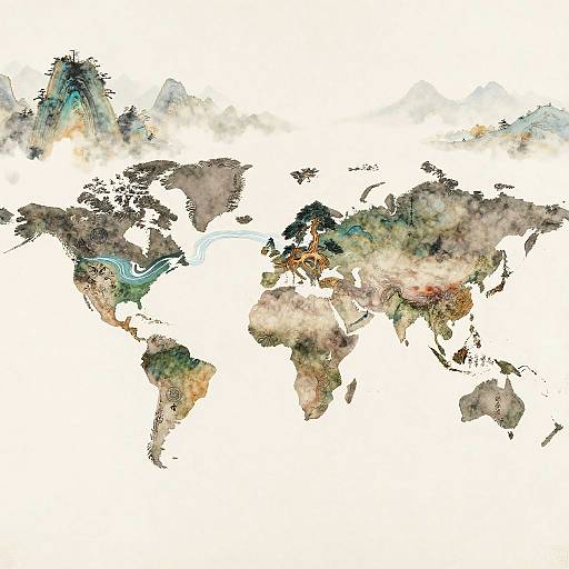 Digital world map with detailed topographical features, showing mountain ranges, deserts, forests, and waterways in varying colors and textures.