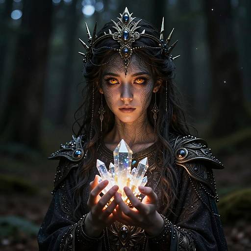 Photorealistic digital art of a mystical woman with glowing amber eyes, wearing a spiked crown and dark armor, holding glowing crystal shards in a dark forest