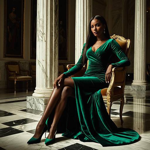 Elegant Woman in Emerald Velvet Evening Gown