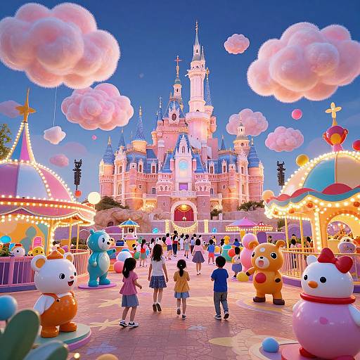 Bright, vibrant photograph of a bustling Disney-style theme park with colorful characters, glowing clouds, and a fairy-tale castle in the background. Families and