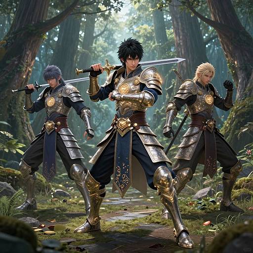 Digital art of three armored warriors in a forest, holding swords, with intricate golden armor and determined expressions, sunlight filtering through trees.