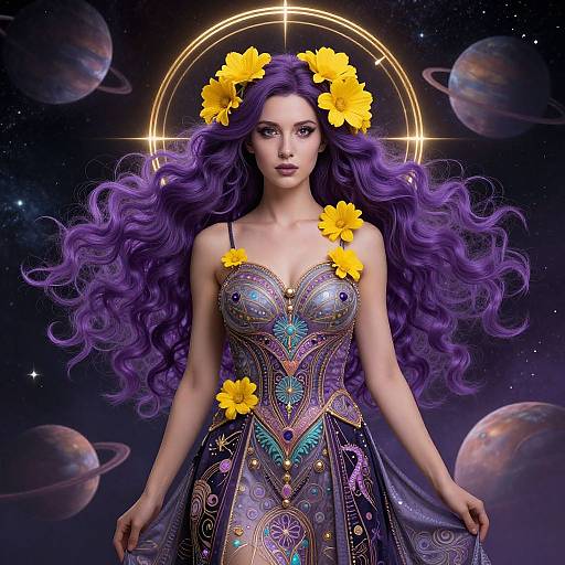 Digital artwork of a fair-skinned woman with long, wavy purple hair, wearing a vibrant, intricate, star-patterned dress with yellow flowers,