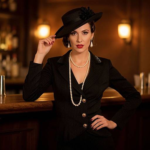 Photograph of a confident woman in a black pinstripe suit, pearl necklace, and black hat, standing at a dimly lit bar.