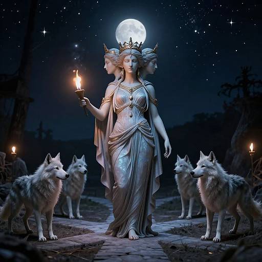 Digital artwork of a three-headed goddess in a silver dress, holding a torch, surrounded by four wolves under a full moon.
