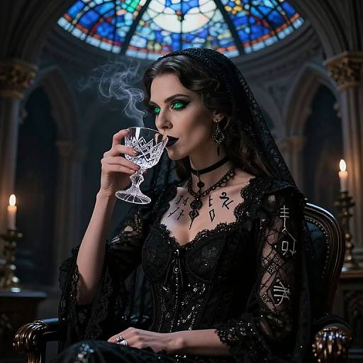 Gothic woman with green eyes, black lace dress, tattoos, and veil, sips wine in dimly lit, stained glass cathedral. Digital