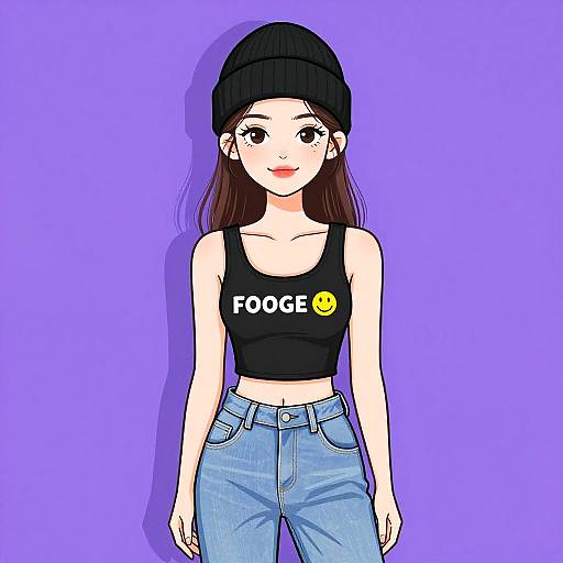 Digital anime-style drawing of a young woman with long brown hair, black beanie, black tank top with 