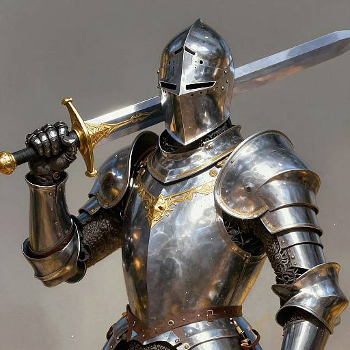 Photorealistic digital artwork of a knight in shiny, reflective silver armor holding a sword with a golden hilt, standing against a neutral gray background.