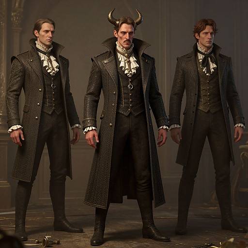 Photograph of three men in Victorian-style black coats with horned headpieces, white cravats, and black trousers, standing in a dimly