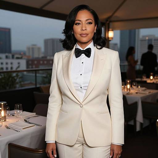 Photograph of a confident Black woman with medium brown skin, wavy black hair, wearing a white tuxedo with black bow tie, standing in