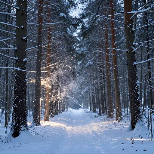 Photograph of a snow-covered forest path with tall, bare trees, illuminated by sun rays filtering through the dense, wintry trees.