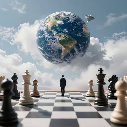 Photograph-like CGI: Silhouetted human stands on giant chessboard, facing floating Earth with UFO, surrounded by black and white chess pieces.