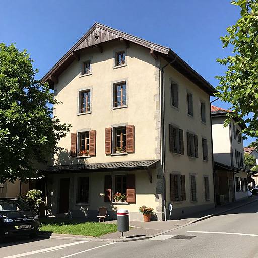Photograph of a charming, three-story, beige European house with brown shutters, a dark roof, and potted plants, under a bright blue