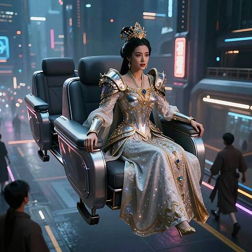 CGI image of a regal woman with a crown, golden armor, and silver dress, floating on a futuristic hover chair in a neon-lit