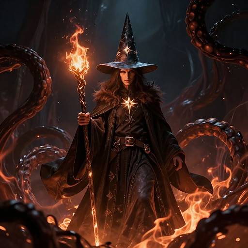Wizard with Glowing Staff in Fiery Abstract