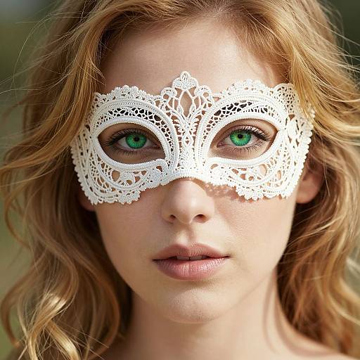Close-up photograph of a young woman with green eyes, wearing an intricate white lace masquerade mask, and wavy blonde hair.
