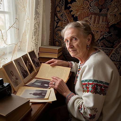 Elderly woman with gray hair, wearing a white embroidered sweater, sitting by a window, sorting family photos and books. Photograph.