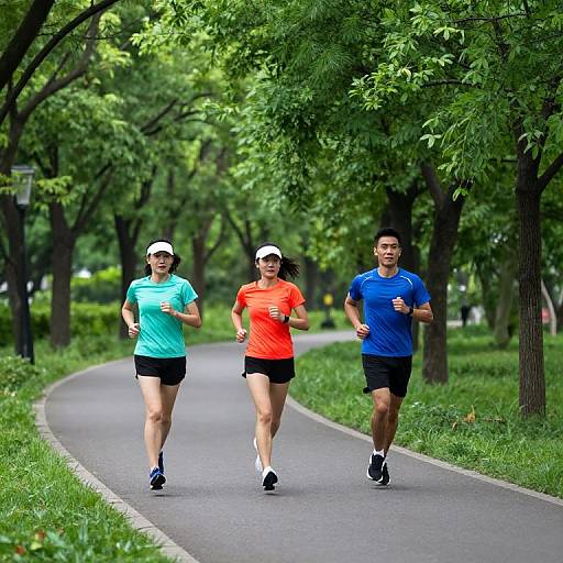 Photograph of three runners, two women and one man, in a lush, tree-lined park. Women wear turquoise and orange shirts, man in blue