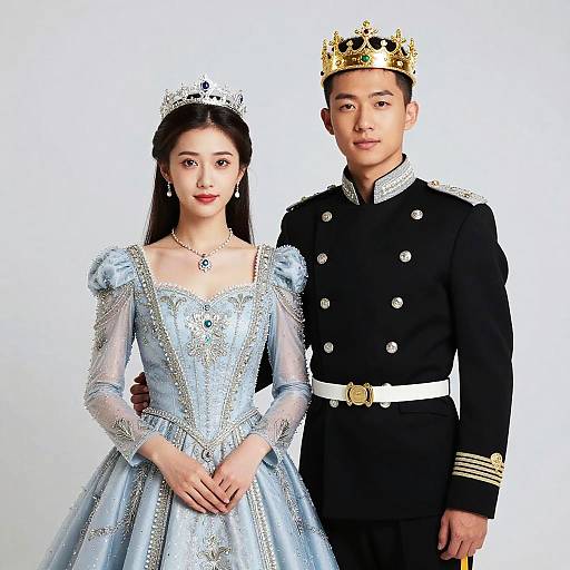 Photograph of an Asian couple in royal attire; woman in light blue, bejeweled gown with tiara, man in black military uniform with