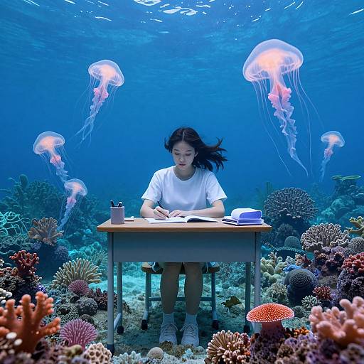 Photograph of an Asian girl with long black hair underwater, writing at a desk surrounded by colorful coral and jellyfish in a blue ocean.