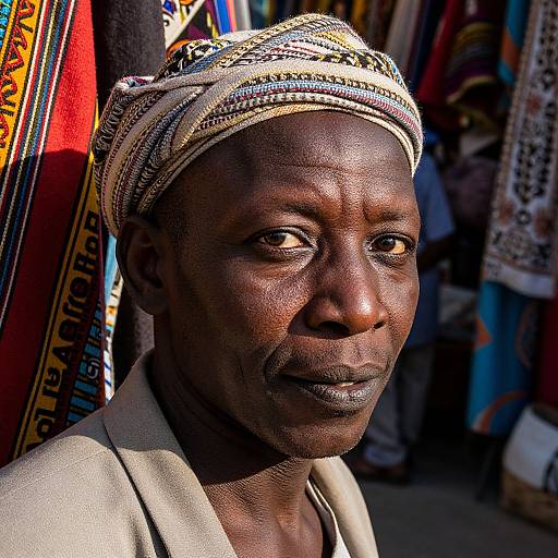 Close-up photograph of an elderly African woman with dark skin, wearing a patterned white headwrap and beige jacket, standing in a colorful market stall background