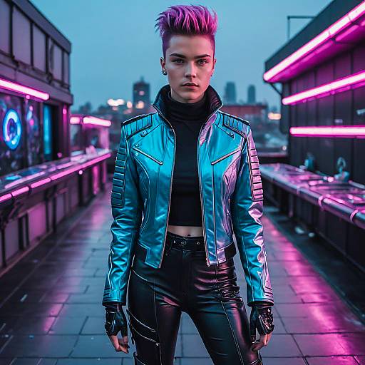 Athletic Person in Cyberpunk Outfit on Rooftop Bar