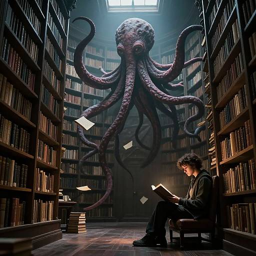 Photograph-style digital art: A young man reads in a dim library with towering, purple octopus-like creature looming behind bookshelves.