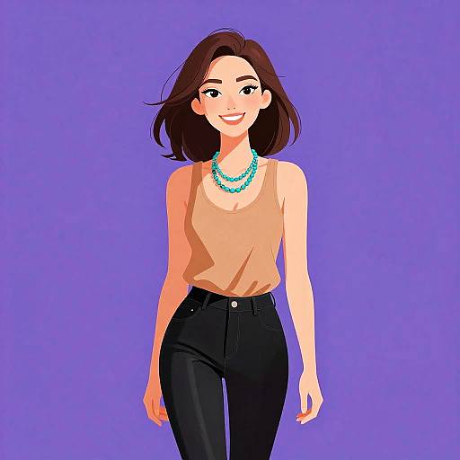 Digital illustration of a smiling woman with brown hair, wearing a peach tank top, black jeans, and turquoise necklace, against a purple background.