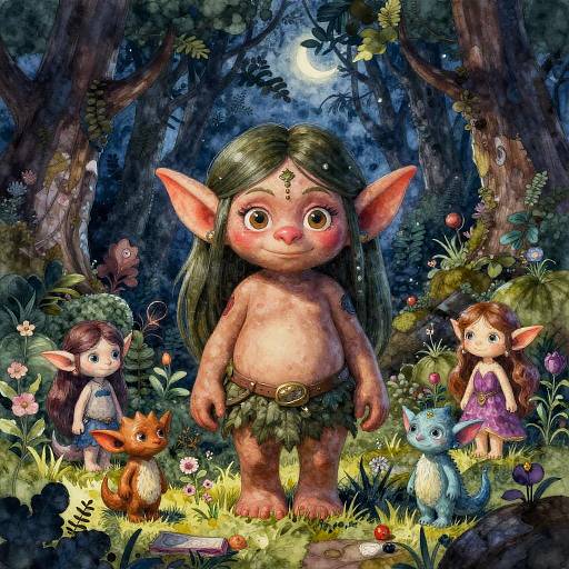 Digital fantasy artwork of a cute, shirtless, big-eared goblin child with green hair, surrounded by children, forest creatures, and glowing moon