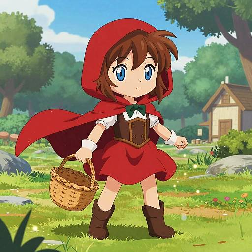 Digital anime-style drawing of a young girl in a red hooded cape, red dress, brown boots, holding a wicker basket in a sunny,