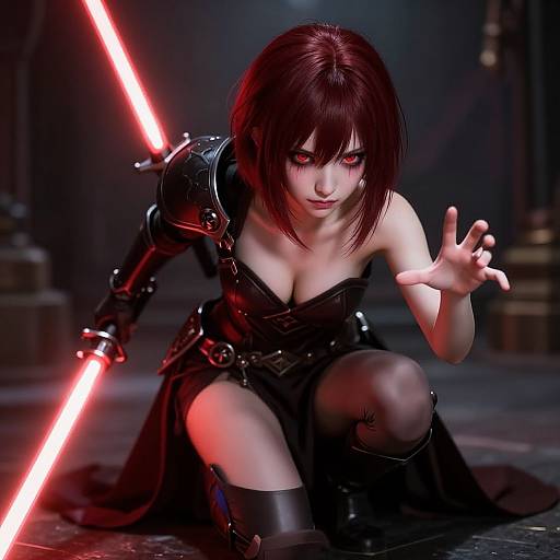 Digital artwork of a dark-haired woman with red eyes, wielding a glowing red lightsaber, crouched in a black armored dress, in a dim