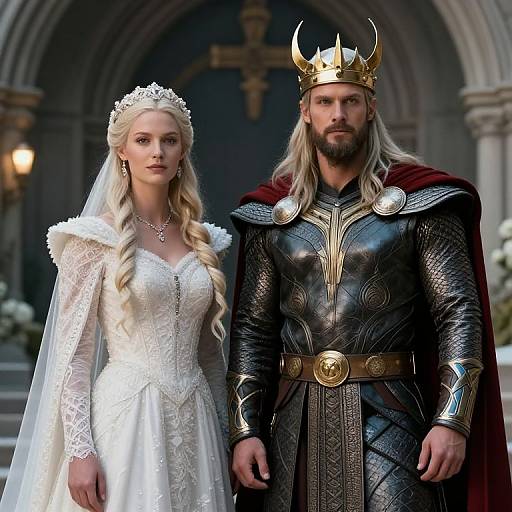 Photorealistic CGI image of a blonde queen in a white lace wedding dress and a bearded king in medieval armor with a golden crown, standing in