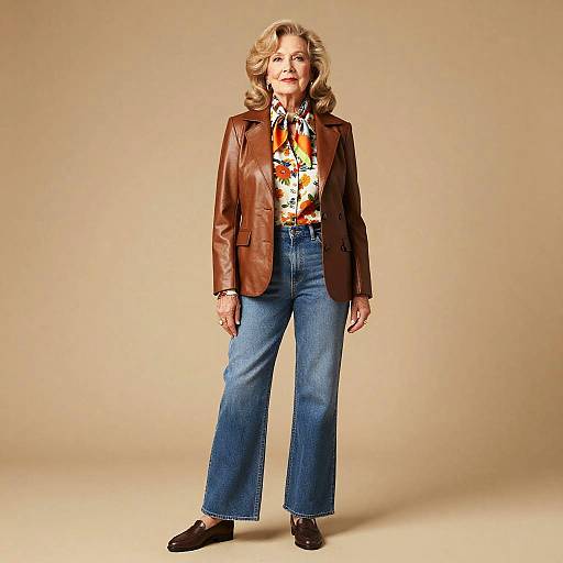 Photograph of an elderly woman with curly blonde hair, wearing a brown leather jacket, colorful floral shirt, blue flared jeans, and brown shoes,