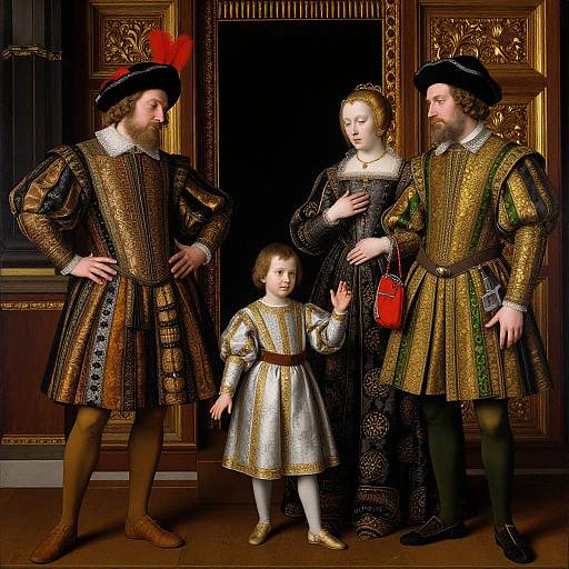 Renaissance-style painting of a family: bearded father, mother, and young son in ornate gold and black clothing, standing in a wooden