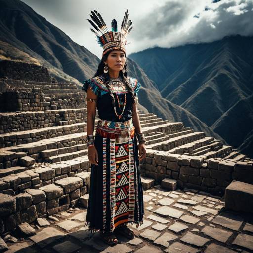 Incan Priestess in Traditional Attire at Mountain Ruins