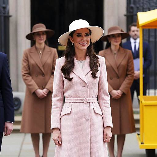 Joyful Women at a Building Entrance