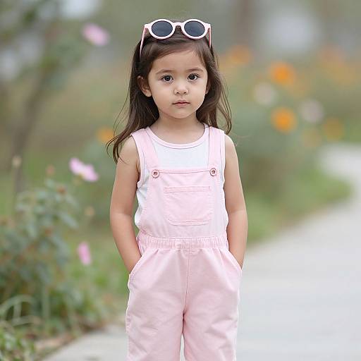Photograph of a young Asian girl with long black hair, wearing white sunglasses on her head, pink overalls, and standing on a blurred garden path