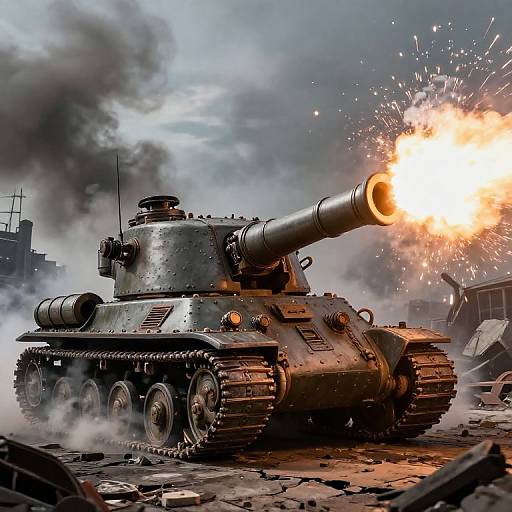 Photorealistic digital artwork of a heavily armored tank firing a blazing cannon in a smoky, war-torn battlefield with debris scattered around.