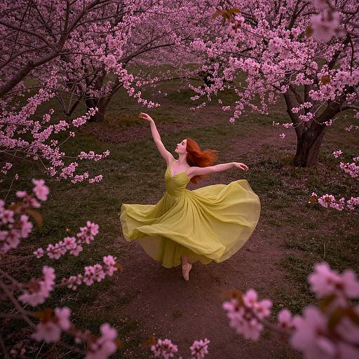 Photograph of a red-haired woman in a flowing yellow dress, dancing under vibrant pink cherry blossoms, creating a magical, ethereal scene.