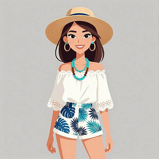 Digital illustration of a smiling woman with tan skin, brown hair, wearing a straw hat, white off-shoulder top, and blue floral shorts,