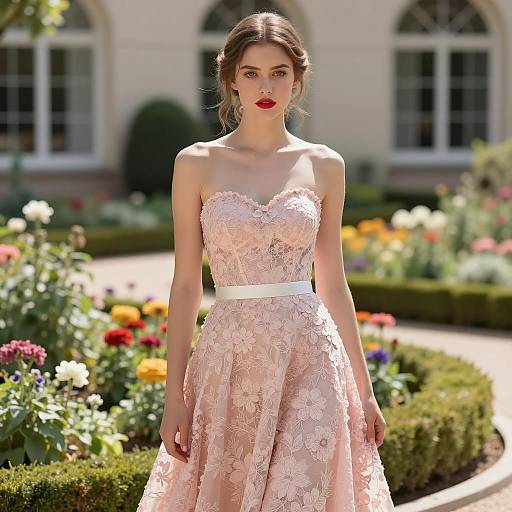 Young Woman in Pink Floral Lace Dress in Garden