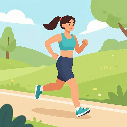 Digital illustration of a brown-haired woman with a ponytail, wearing a blue sports bra, navy shorts, and blue sneakers, running on a sunny,