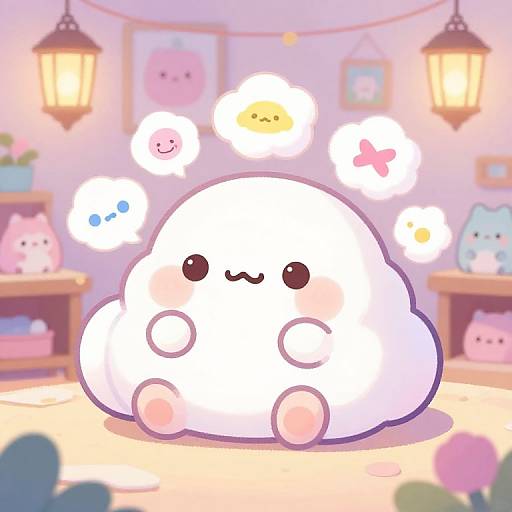 Cute digital illustration of a smiling, white cloud character surrounded by whimsical, pastel-colored floating creatures in a cozy, pink-lit room.