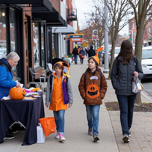Photograph: Street scene with two children in orange Halloween hats and brown jackets, walking past a table with pumpkins and Halloween decorations, while an older