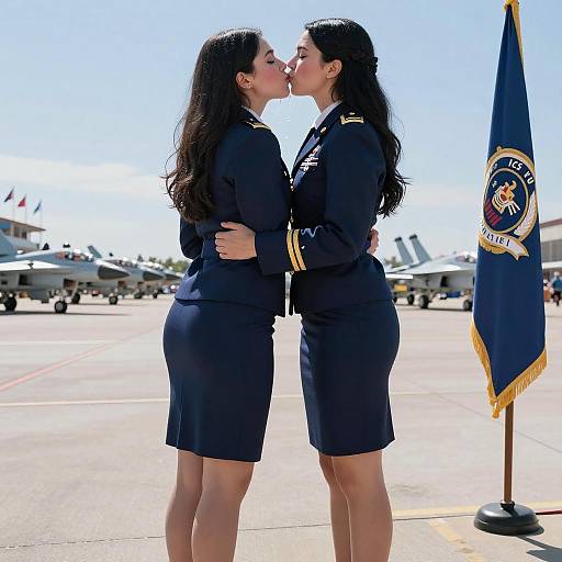Two Women in Air Force Uniforms Kissing on Airshow Tarmac