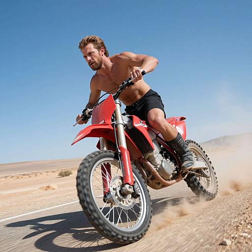 Bearded Man Riding Motorcycle in Desert