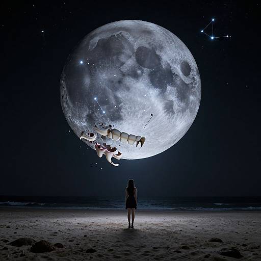 Photograph-style digital art: Silhouetted girl stands on moonlit beach, gazing up at enormous, glowing full moon with floating sushi and