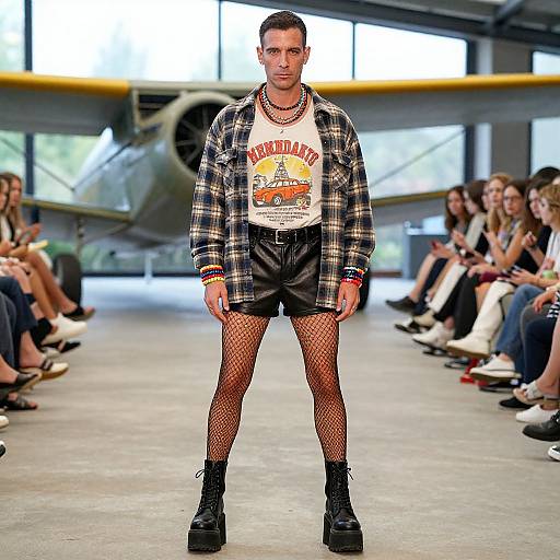 Male model in plaid jacket, white graphic tee, black shorts, fishnet tights, and platform boots walks runway in industrial hangar.