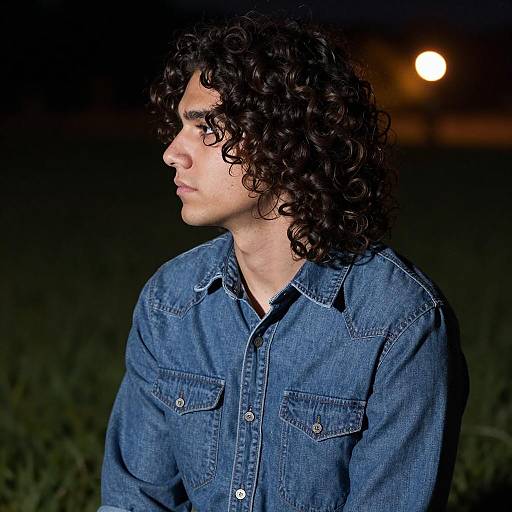 Young Man in Denim Shirt at Night