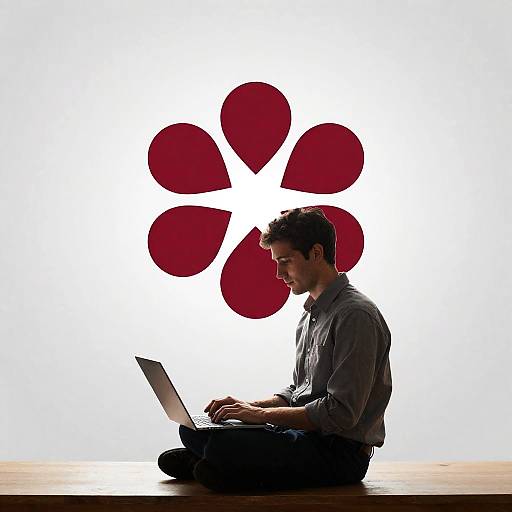 Young Professional Working on Laptop with Scarlet Red Flower Logo